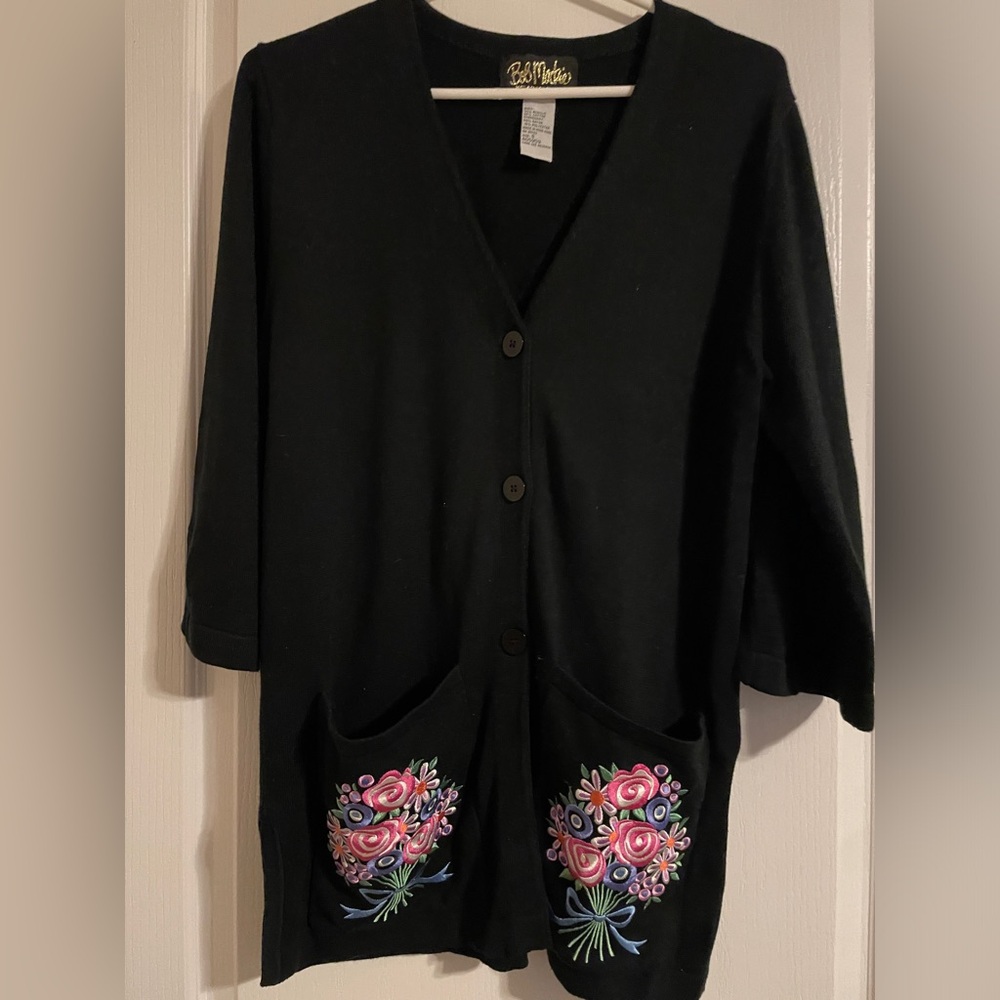 Bob Mackie Wearable Art Black Embroidered Floral Cardigan Pockets Small Boho